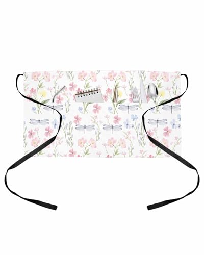 PIEPLE Pastoral Flower Server Apron Waitress Aprons with 3 Pockets, Summer Watercolor Garden Botanical Half Waist Waiter Aprons Restaurant Chef Aprons for Women Men