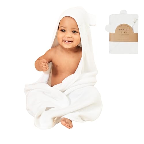 Image of Munich Blue Baby Bath Hooded Towel for Boys and Girls - Soft and Cozy Baby Towel with Cute Bear Ears for Newborn, Infant and Toddler - White, 600 GSM, 35 x 35