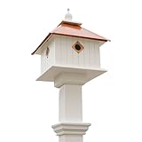 Carriage Bird House & Decorative Mounting Post – White PVC Birdhouse with Copper-Colored Roof & 1.5' Openings, Vinyl Post with Ground Anchor, Elegant Outdoor Garden Birdhouse Kit
