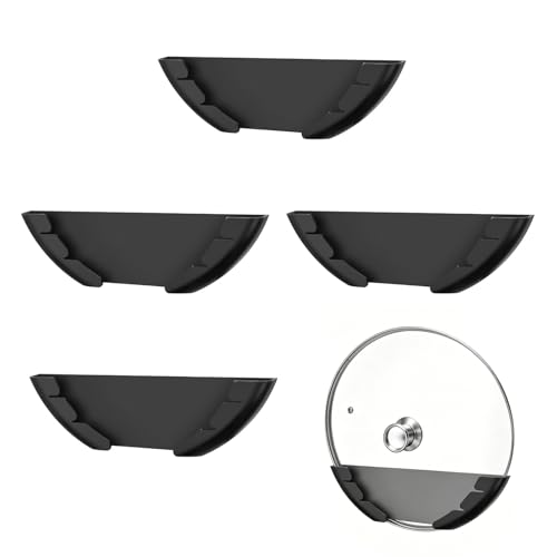 Rainway - Plastikowy uchwyt na pokrywę garnka, 4 uchwyty ścienne do pokrywek 15-34 cm, uniwersalny do przechowywania samoprzylepnej pokrywy rondla drzwi szafy (czarny)