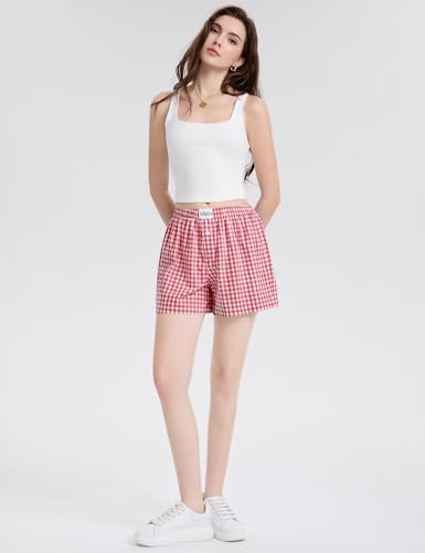 Image of LOMON Womens Boxer Shorts Casual Summer 2026 Pajama Lounge Sleep Pj Gingham Plaid Shorts Y2K Beach Bottoms