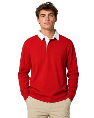 Gaffer Mens Rugby Shirt Long Sleeve Polo Top Plain Single Stripe Multi Stripe Classic Casual Sports Workwear Red - Plain XL