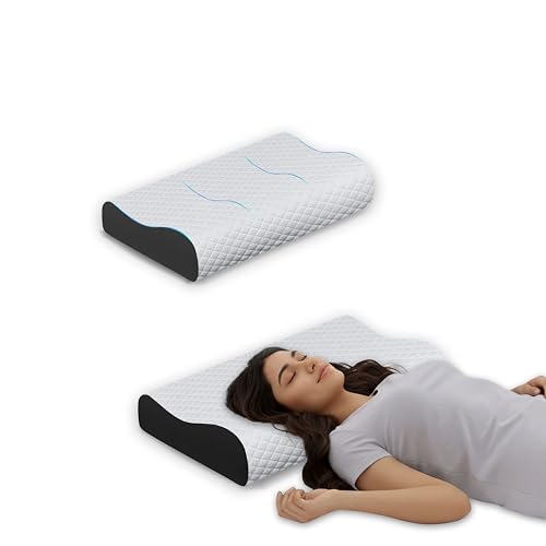 Image of Neck and Shoulder Support Pillow, Memory Foam Cervical Cushion for Sleeping, Ergonomic Contour Design for Side Back Sleepers, Breathable Cover, Black, 48 x 30 cm, Home Use