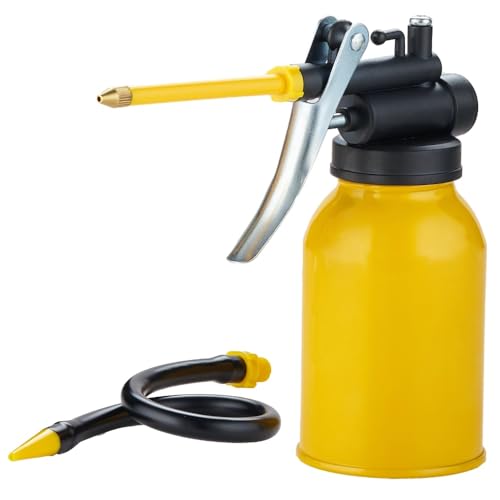 Pistol Hand Pump Oiler Can with Straight & Flexible Spout 10oz Oil can pump(Yellow)