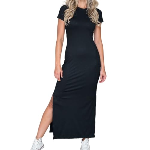 Vestido Longo Canelado Fenda Lateral Casual Preto G