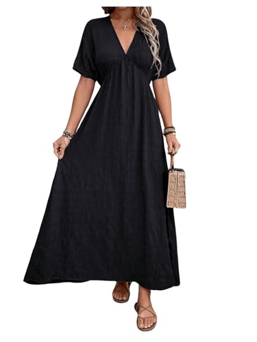 Image of SweatyRocks Women's Batwing Short Sleeve V-Neck Dress Casual High Waist A-Line Flowy Maxi Dress Black Small