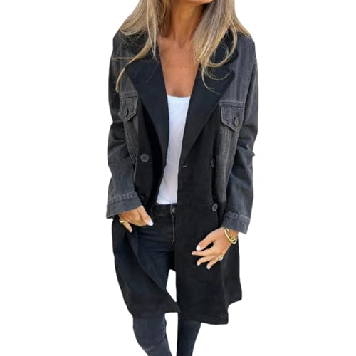 Womens Long Trench Coat Long Sleeve Denim Jacket Notched Lapel Double Breasted Pea Coat Over Knee Tunic Outerwear
