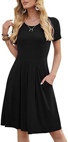DouBCQ Women's Casual Short Sleeve Flowy Pleated Loose Dresses with Pockets (Black, L)