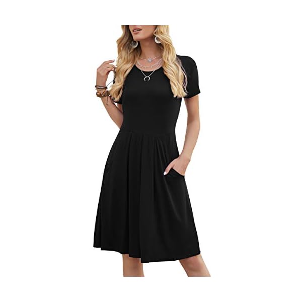 DouBCQ Women's Casual Short Sleeve Flowy Pleated Loose Dresses with Pockets (Black, L)