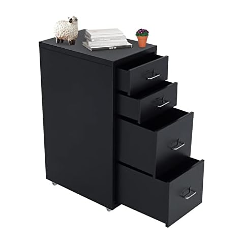 BTGGG Mobile File Cabinet with 4 Drawers, Heavy Duty Metal Document Storage Cupboard Large Filling Pedestal Cabinet Drawer with Castors for Home Office Furniture, Black Cover