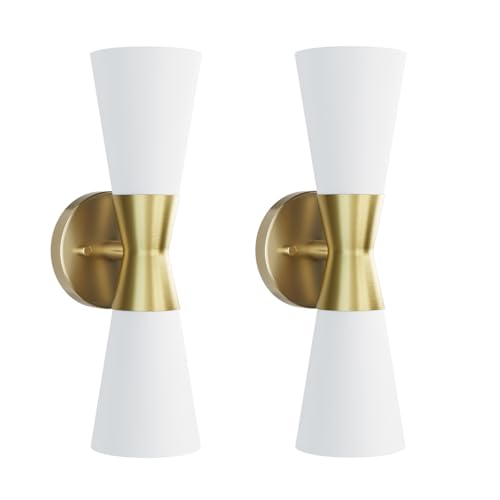 Image of Wall Sconces Set of 2 for Bathroom, Modern Indoor Vanity Light Fixtures 15 inch, Up Down Lighting, Wall Mount Lamp for Living Room Bedroom Hallway Stairway Fireplace Mirror E26 Base 2PC White&Gold