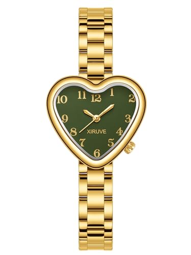 XIRUVE Forme de Cœur Petite Facile à Lire Chiffres Arabes Cadran en Acier Inoxydable Montre à Quartz Analogique pour Femme