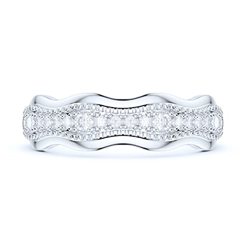 Sterling Silver Fancy Wave Shape Milgrain Simulated Round Brilliant Diamond or Genuine Moissanite Full Eternity Ring Wedding Band