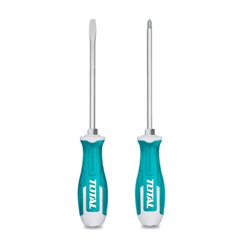TOTAL - Jeu de 2 Tournevis - 1 à Pointe Plate et 1 à Pointe Phillips - Pointe Magnétique avec aimant puissant - Confortable à utiliser - Acier S2