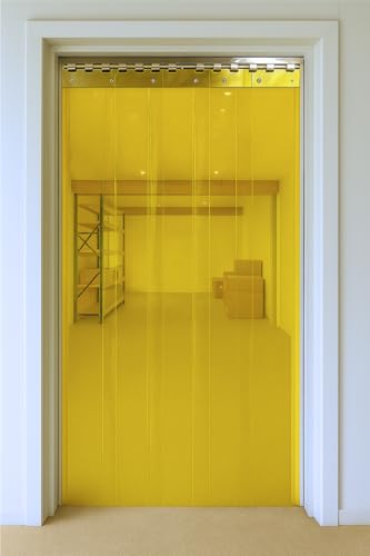 Image of Byson PVC Strip Curtain Door Kit 3 x 6.5 Feet Coldroom Vinyl Clear, Stainless Steel Rail and Clamps (PVC with Yellow Tint)