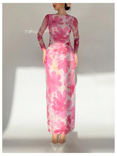 Image of Milumia Women's Floral Print Sheer Dress Crew Neck Long Sleeve Bodycon Maxi Dresses