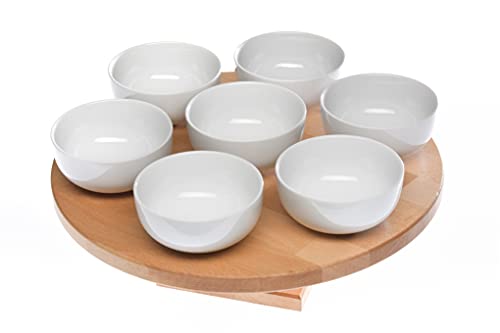 Foto von acerto 41064 - Servierplatte aus Holz drehbar im Set mit 7 Keramik Schälchen (7x 12,5cm) - Durchmesser Servierbrett 41cm - Servierschalen & Servierteller für Snacks und vieles mehr (41 cm)