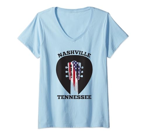 Mujer Nashville Tennessee - Púa de guitarra con bandera estadounidense Camiseta Cuello V