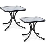 Giantex Small Outdoor Side Table with Tempered Glass Top Set of 2, Heavy-Duty Metal Frame, 110 Lbs Capacity, Square Patio Table for Balcony, Porch, Backyard, Deck, Black
