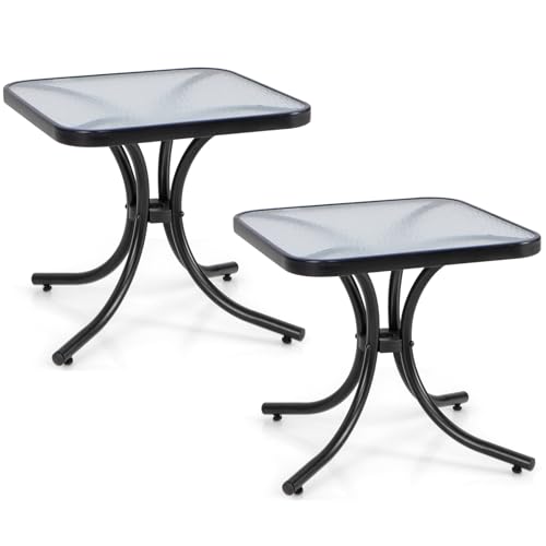 Giantex Small Outdoor Side Table with Tempered Glass Top Set of 2, Heavy-Duty Metal Frame, 110 Lbs Capacity, Square Patio Table for Balcony, Porch, Backyard, Deck, Black