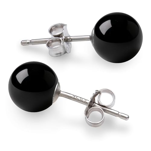 Belacqua Round Natural Black Onyx Gemstone Stud Earrings in Sterling Silver Gemstone Size - 8mm Jewelry for Women Gift Box Included
