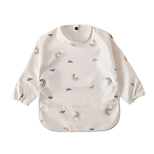 Image of GZMM Waterproof Baby Bibs,Infant Toddler Long Sleeve Feeding Bib With Food Catcher,Easy Clean & Washable