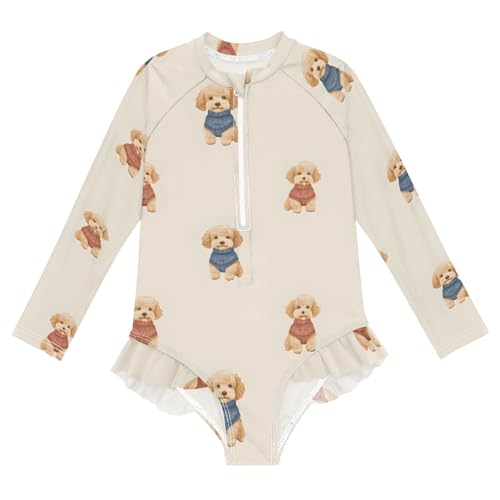 ALAZA Swimsuit for Girls Long Sleeve Rashguard Bathing Suit Brown Dogs Quick Dry 4T