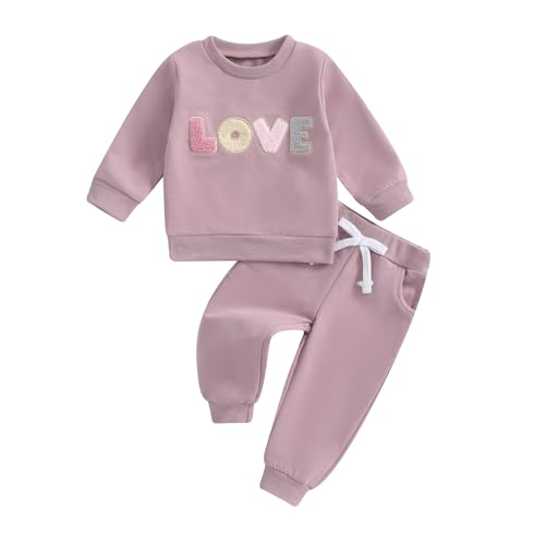 Adobabirl Toddler Baby Girl Clothes Embroidery Letter Print Crewneck Sweatshirt and Pants Set Fall Winter Spring Outfits (Valentines Love Outfit-Purple, 2-3T)