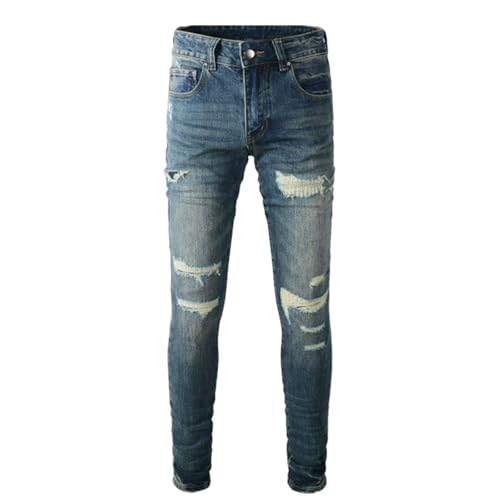 Jeans Pants Trouser Denim Men Stretch Slim Fit Trendy Street Worn Hole Washed Blue Grinding Fading Patched Casual Small Leg(Dark Blue,29)