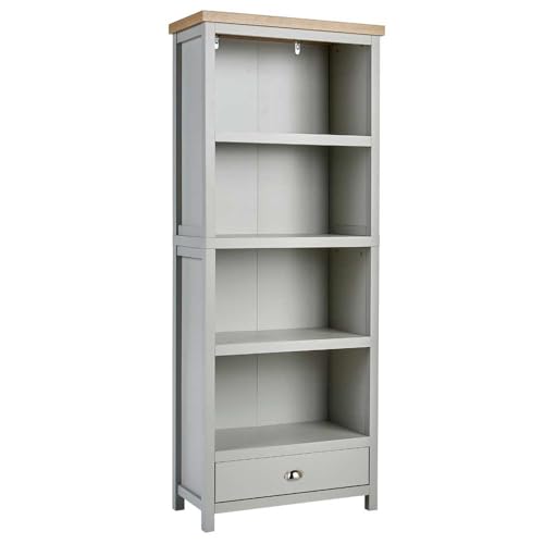Home Source Tall Bookcase Display Unit, 4 Bookshelves, 1 Storage Drawer, Oak Effect, Grey