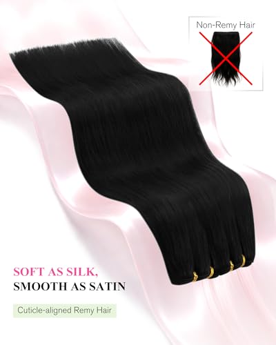 Image of YoungSee Sew in Hair Extensions Real Human Hair Jet Black, Natural Hair Extensions Weft for Women, 16 Inch 100g Straight Remy Hair, Black Human Hair Extension Sew in for Women