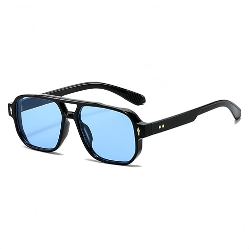 WDZAYXC Retro Square Sonnenbrille für Damen Und Herren 70er Jahre Vintage Trendy Brille Klassisch mit Double Brücke UV400 Schutz (Schwarz/Blau)