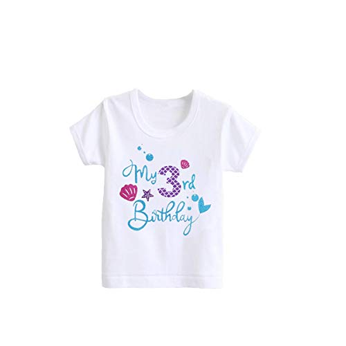Mermaid 3Rd Birthday Outfit Baby Girl It’s My First Second Third Birthday Cake Smash Photo Shoot T-Shirt Tops Little Mini Tutu Skirt Headband I’m Three Summer Nautical Ocean Themed Party Supply Purple #TOP3