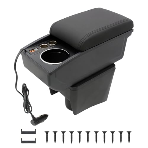 YJYWZH Car Armrest Box Fit for Volkswagen VW Polo Hatchback 2012-2016 Accessories Center Console Cup Holder Double Layer Storage Organizer Box with 2 USB Fast Charging Ports, Black Stitching