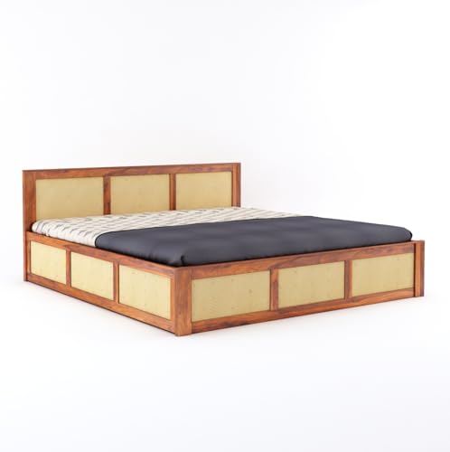 Image of Solid Sheesham Wood Queen Size Bed with Box Storage for Bedroom Home Living Room Hotel Wooden Double Bed Cot Palang Furniture (Honey Finish)