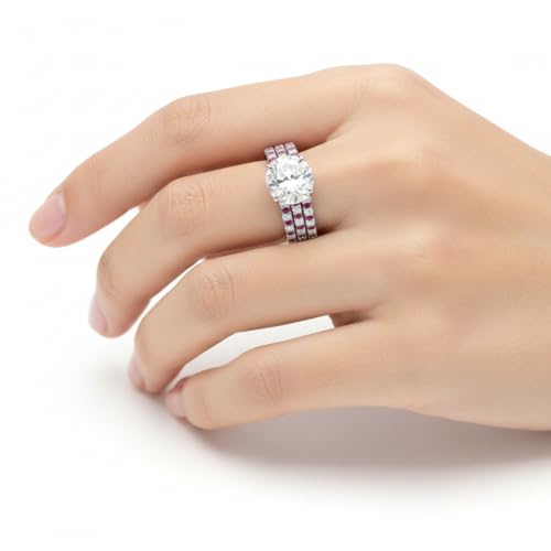 Image of Choose Your Gemstone Hidden Diamond CZ Wedding Set 925 Sterling Silver Round Shape Wedding Ring Sets Minimal Modern Design Birthday Gift Wedding Gift US Size 4 to 12
