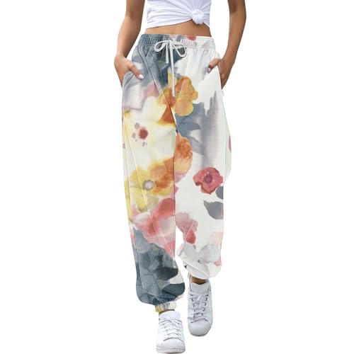 Calça feminina casual com bolsos para treino, calça de moletom de cintura alta, calça jogger folgada