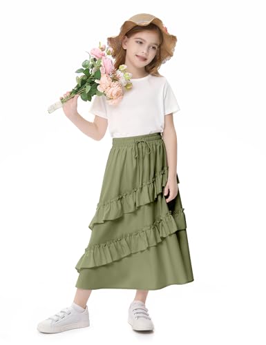 Image of Girls High Waisted Ruffle Maxi Skirt Soft Cotton Long Skirts with Elastic Waistband for Kid Girl 3-12 Years