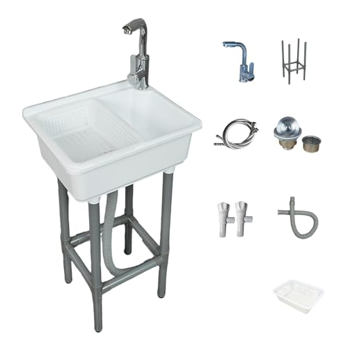 Lavamanos Fregadero Blanco, Fregadero de Utilidad, Lavabo Sobre Encimera para Aseo de Invitados Uso Común en Lavadero y Garaje Fregadero 43x32x83 cm F Grifo Mezclador de Agua Fría y Caliente