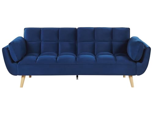 Beliani Canapé Lit Clic Clac Convertible 3 Places en Velours Bleu Marine avec Pieds en Bois Idéal pour Salon ou Chambre d'amis Style Rétro Scandinave