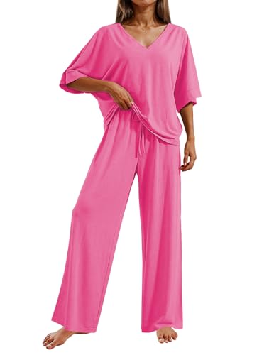 Image of Ekouaer Pajama Sets for Women 2 Piece Lounge Set Short Sleeve Tops and Long Pants Soft Comfy Pjs Sleepwear Outfits S-XXL
