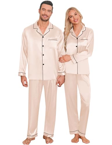LecGee Couples Matching Pajamas Set Button Down Sleepwear Long Sleeve Loungewear Silky Satin 2 Piece Pjs (Men Champagne X-Large)