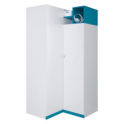 Furniture24 Eckschrank MOBI MO1 Eckkleiderschrank Schrank Jugendzimmerschrank (Weiß/Türkis)
