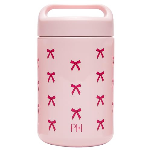 Paris Hilton Stainless Steel Food Jar, Double Wall Vacuum Sealed Insulated Food Storage Container with Carry Handle Lid, 16-Ounce, Pink with Bow Design