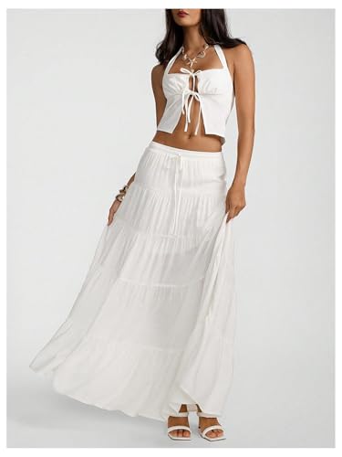 SOLY HUX Women's Ruffle Maxi Skirts Tie Front Elastic Waist Boho Flowy Flared Tiered Skirt4