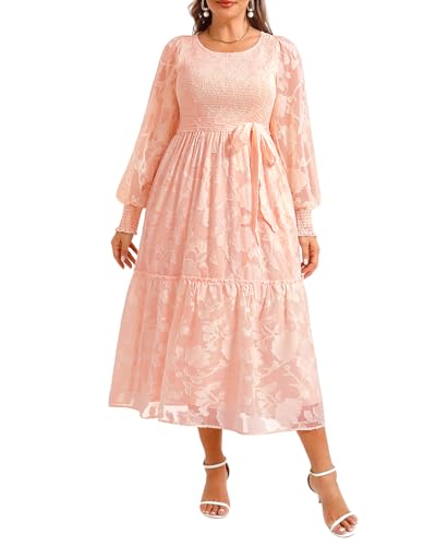 Plus Size Spring Dress Easter Long Sleeve Light Pink Bridal Shower Maternity Smocked Long Maxi Floral Lace Dresses 2025