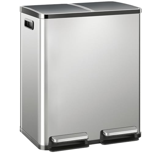 NEWBULIG 2×8-Gallon Kitchen Trash Can, Stainless Steel Garbage Can with Lid, Dual Removable Buckets, Soft-Close Foot Pedal, Fingerprint-Proof for Home & Office