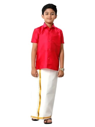 Image of RAMRAJ COTTON Boys Silk Cotton Shirt With Adjustable Cream Dhoti Perfect For Ceremonies| Festivals| And Special Occasions