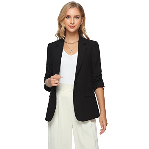 Women’s Casual Linen Blazers Notched Lapel 3/4 Sleeve Single Vent Open Front Half Lined Work Office Suit Jackets3