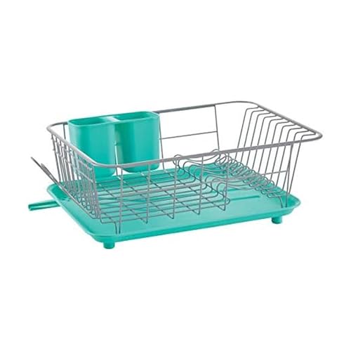 Image of Farberware Compact Dish Drying Rack with Drainboard, Flatware Caddy and Sink Brush, Teal - Holds 9 Plates, Fits Small Kitchens, Apartments and Dorms